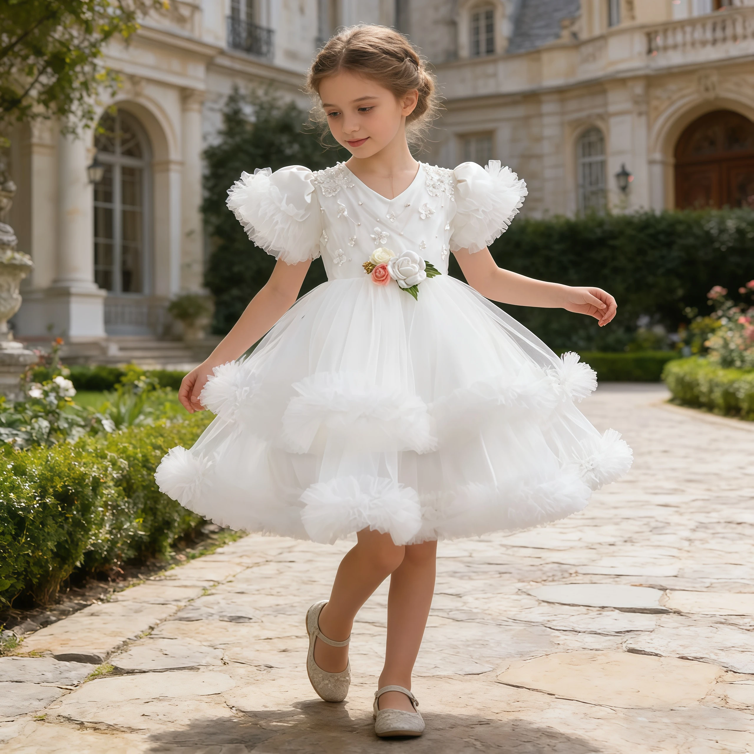 Sweet Cute Baby Girls Flower Lace Ruffles Tulle Princess Dress For Children Wedding Birthday Evening Party Baptism Ball Gown