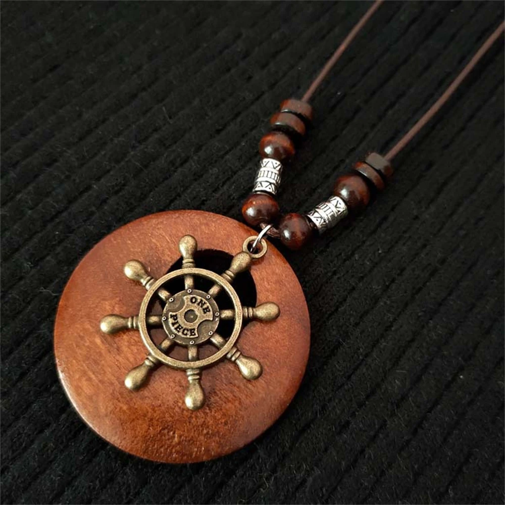 Retro Round Wooden Leaf Pendant Necklace Ethnic Style Metal Owl Rudder Tree Necklaces For Women Long Wax Rope Sweater Chain Gift