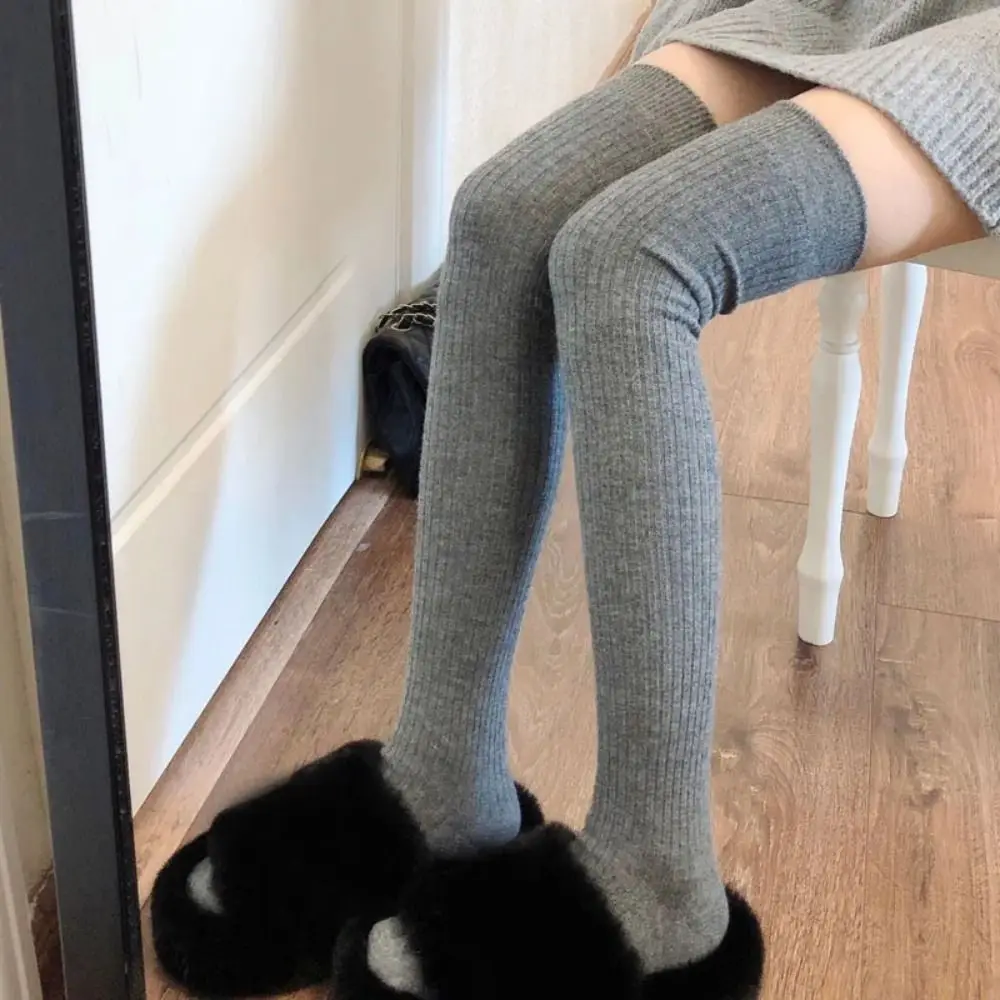 New Casual Women Long Socks Skinny Cotton Knitted Calf Socks Over Knee-High Kneepad Fluffy Long Knee Sock