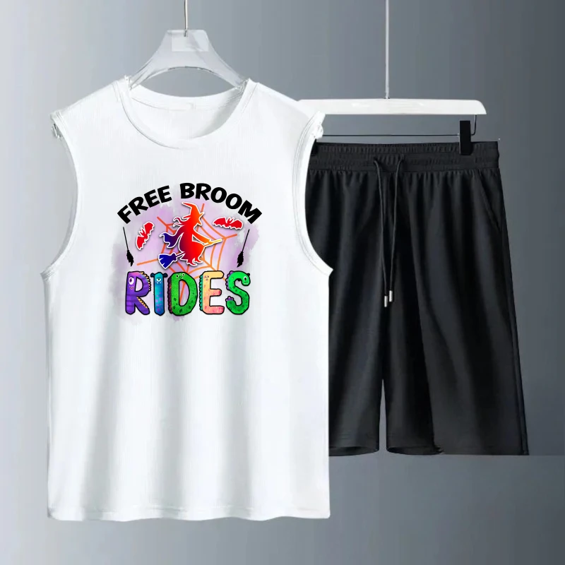 بدلة صدرية رجالية صيفية بدون أكمام مطبوعة مجانية مكنسة ركوب الخيل تانك القمم + شورت رياضي الرجال الرجال الثريات التجفيف السريع