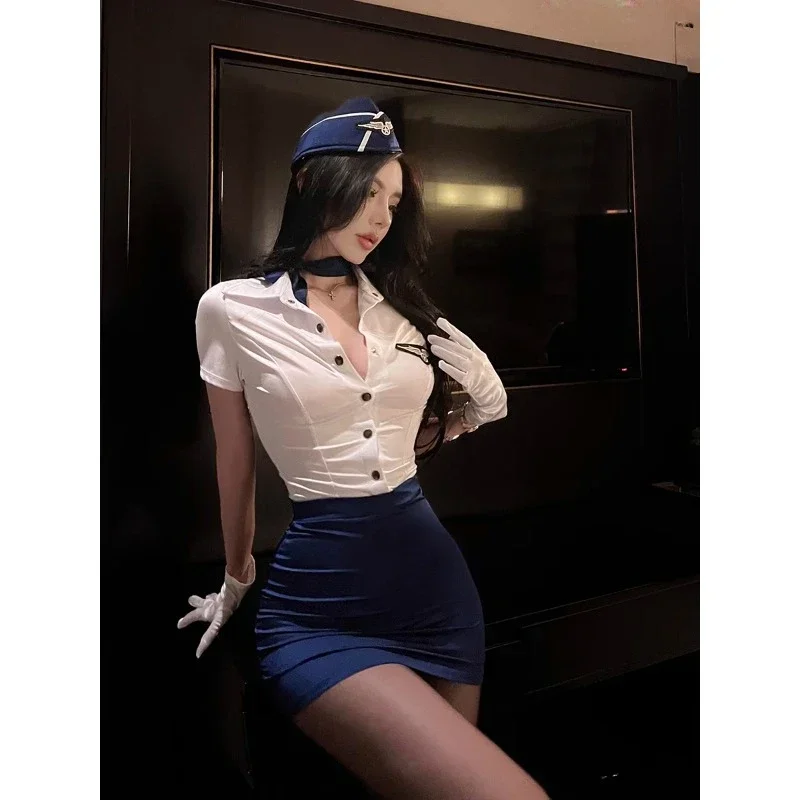 RT01 Sexy Nightclub Flight Attendant Outfit Secretary Set Role-playing Uniform Set Pure Desire Instructor American Queen OL *Jk2