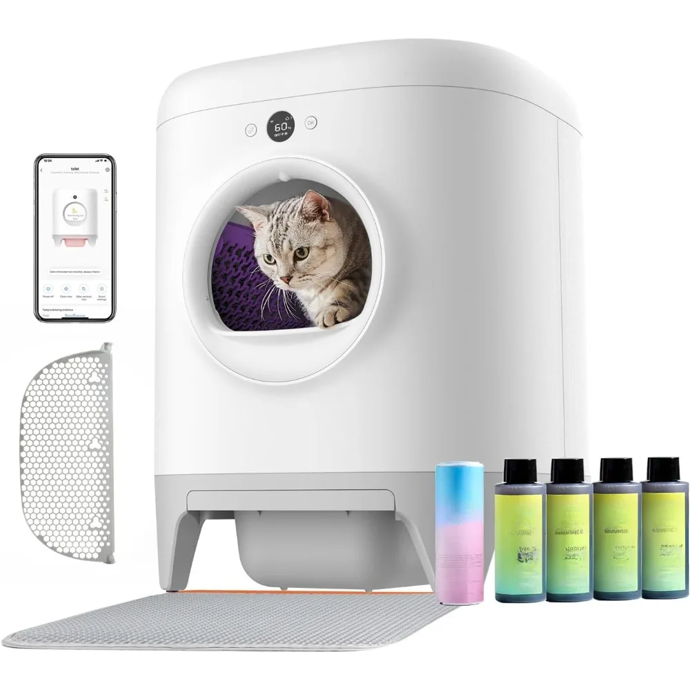 

Cat Bedpans,Scooping Free Automatic Cat Litter Box with Litter Mat, XSecure/Odor Removal/APP Control,Intelligent Litter Box