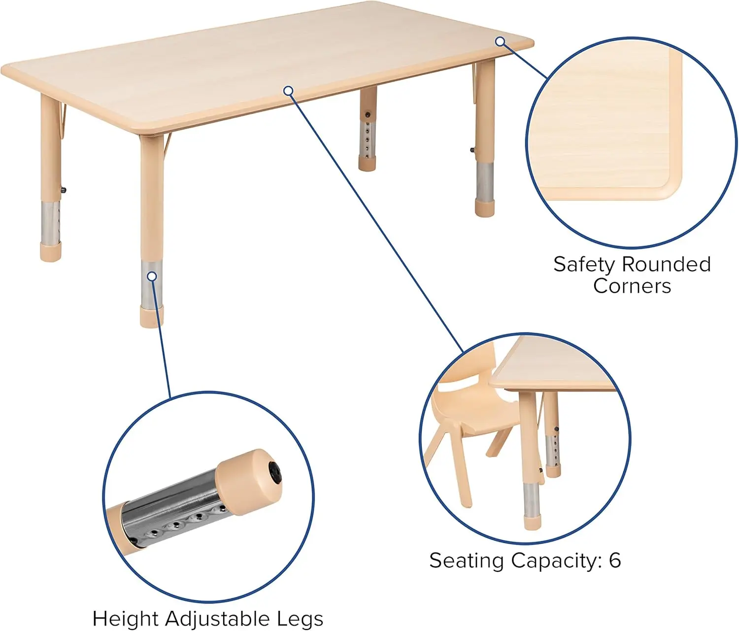 23,625" L x 47,25" L Conjunto de mesa de atividades retangular de plástico natural com 4 cadeiras