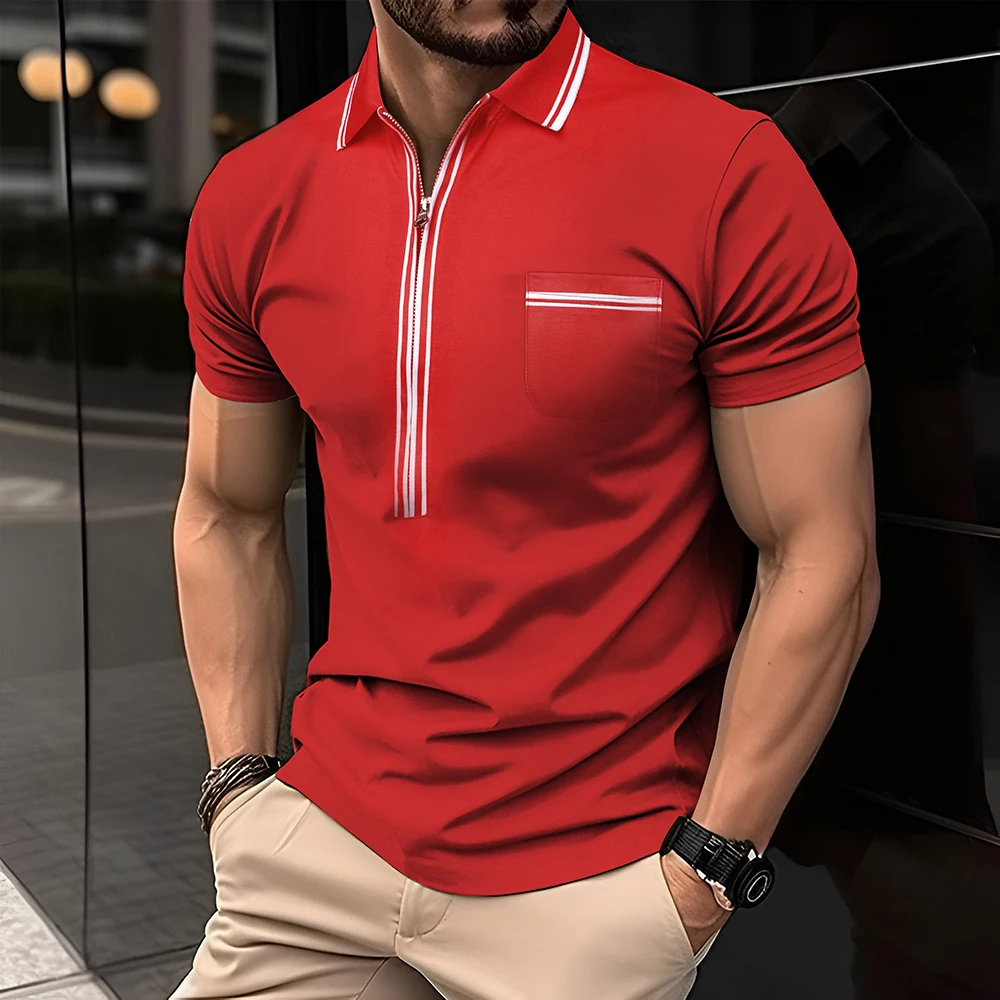 Men's Polo Shirt Color Match Streak Zipper Short Sleeve For Men Business Casual Style Men's Top Daily Tennis Men's Polo Shirt