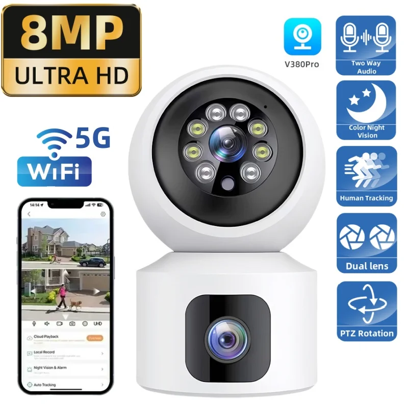 

8MP Home 5G Smart WiFi Camera HD Dual Lens Surveillance Ip Monitor Cameras Color Night Vision AI Human Detect Security PTZ CCTV