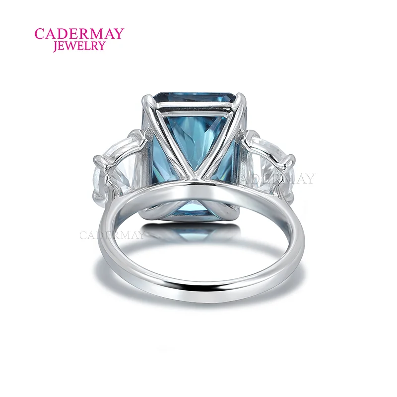 Cadermay Jewelry Luxury Blue Moissanite Ring S925 Silver 10ct Raidant Moissanite 3 Stones Wedding Engagement Ring Women Gift