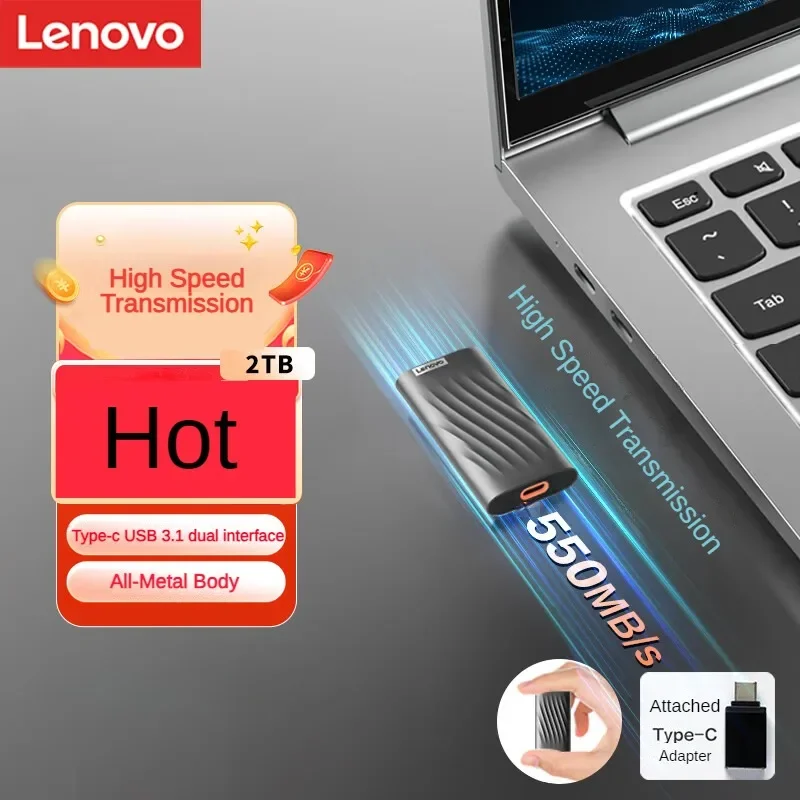 Lenovo 2TB Portable Solid State Drive (PSSD) Type-c USB 3.1 550MB/s High Speed SSD Dual Interface Direct Connection Laptop PS6