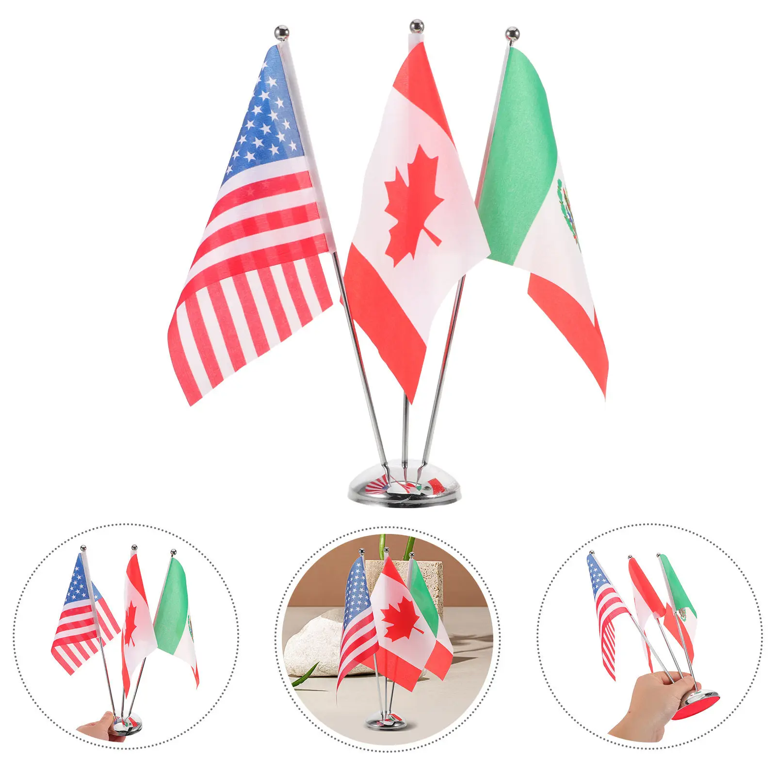 1Set Miniature National Table Flags Usa Mexico Canada Bright Fade Resistant Metal Desk Flag Holder for Meetings Events Office