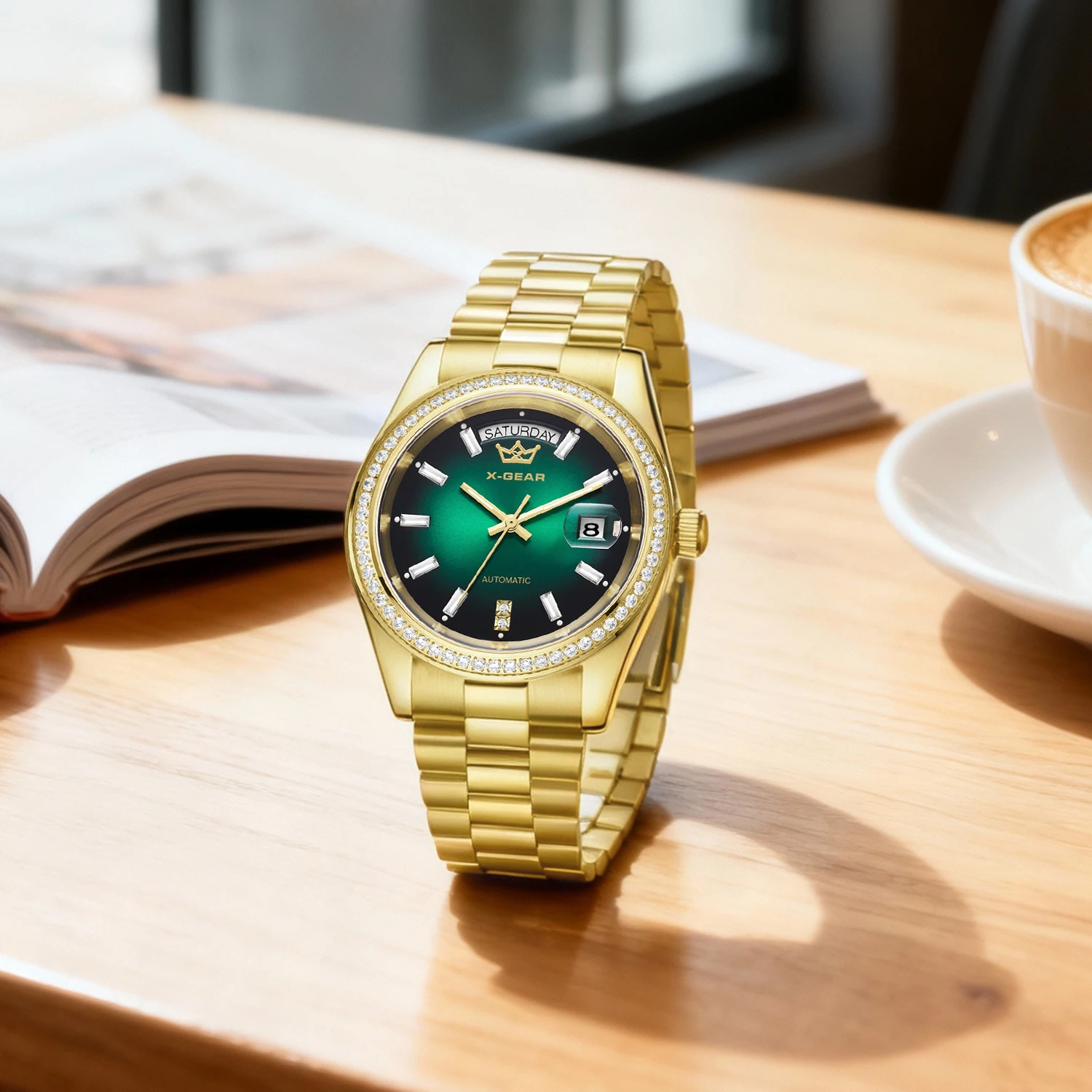 X-GEAR Мужские роскошные часы Механические часы Светящийся дисплей даты и недели Корпус из нержавеющей стали Ремешок