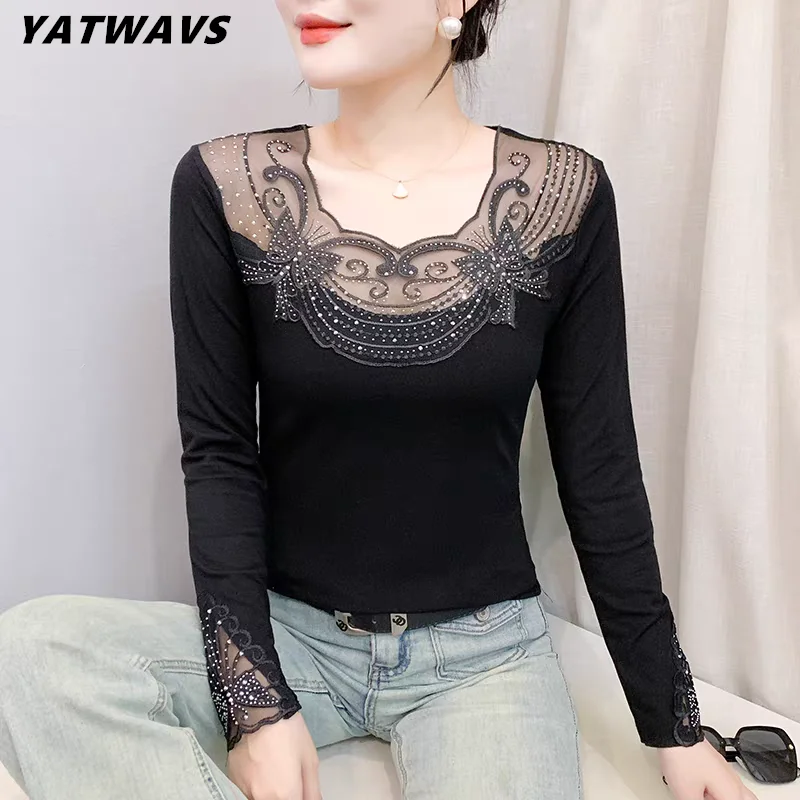 

New 2025 Autumn Women's T-Shirt Long Sleeve Sexy Perspective Embroidered Mesh Tops Hollow Out Shiny Diamonds Lace Tees Blusas