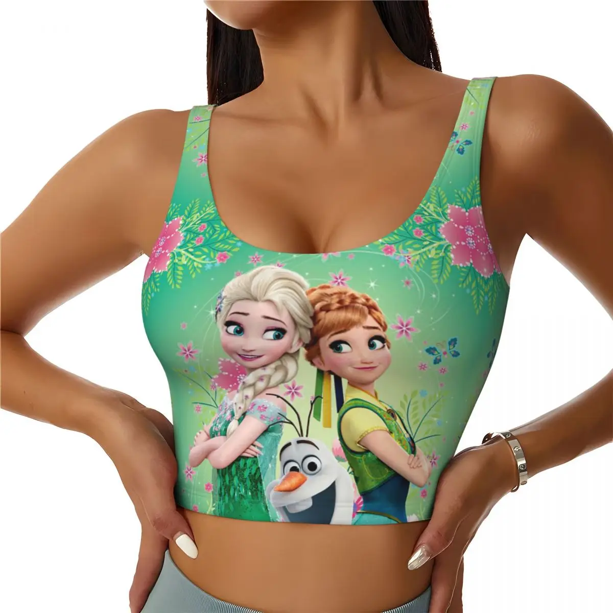 Custom Anna Elsa Princess Frozen Sports Bra Women's High Impact Workout Yoga Crop Top