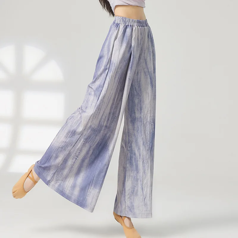 2025 Nuova danza classica cinese che scorre drappo pieghettato pantaloni a gamba larga pantaloni da danza moderna da donna pantaloni per esercizi per il corpo yoga