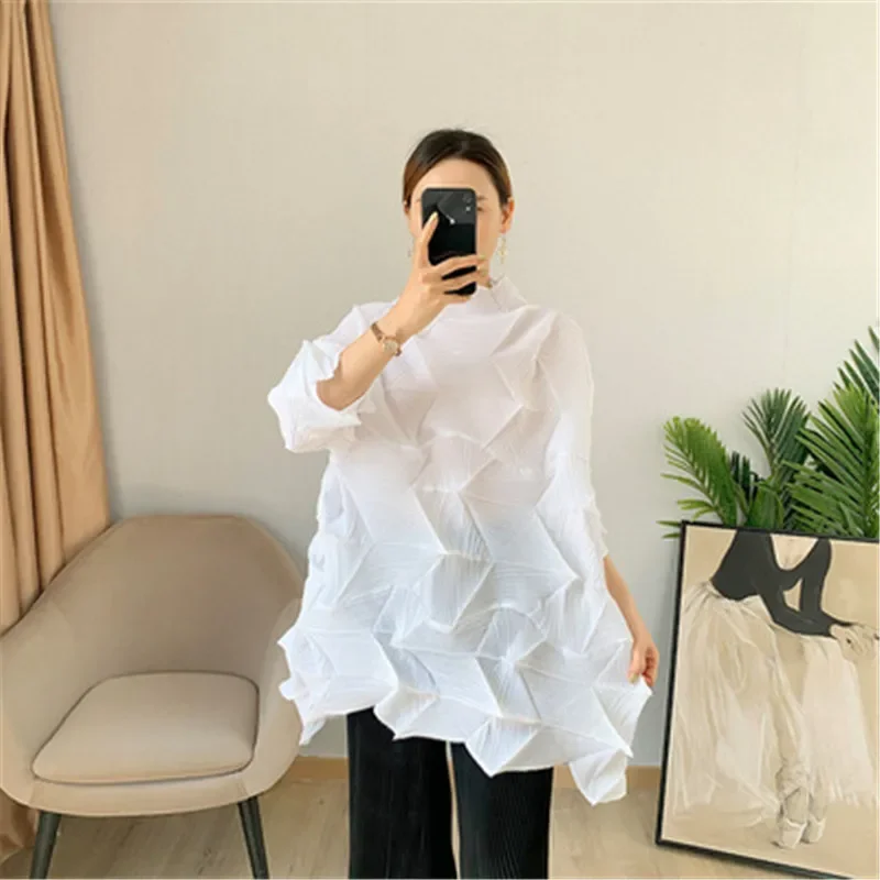 ALSEY Miyake Pleated Diamond Tops Women\'s Summer New Wide Version Long Sleeve Loose Plus Size Mid-length All-match T-shirt