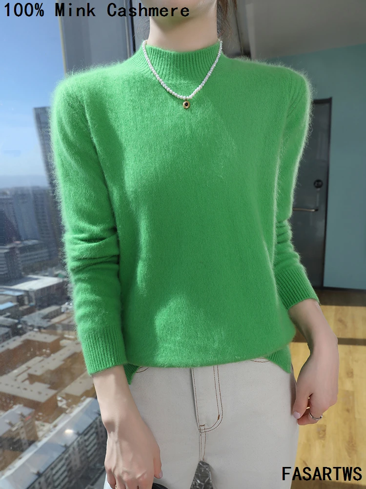 

Женский кашемировый свитер из 100% норки, пуловер с высоким воротником и длинным рукавом, трикотаж больших размеров, осенне-зимняя женская одежда, модная