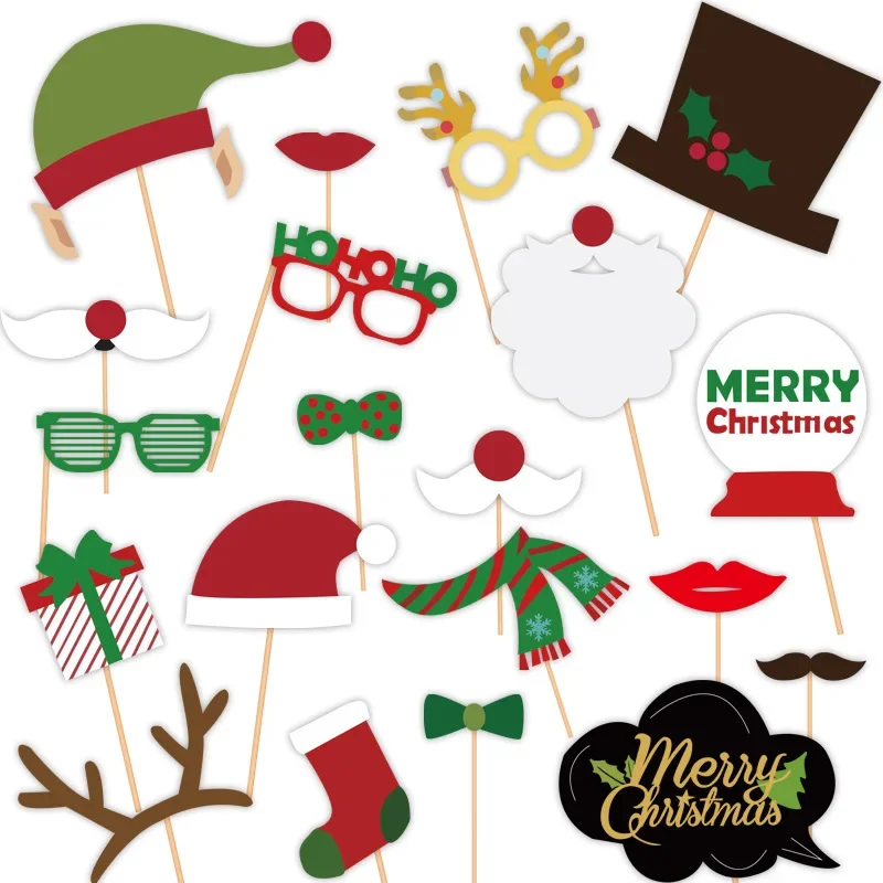 20pcs Christmas Photobooth Props Kit Masks Lips Beard Snowman Wedding Christmas Party Decoration Supplies Photography Props