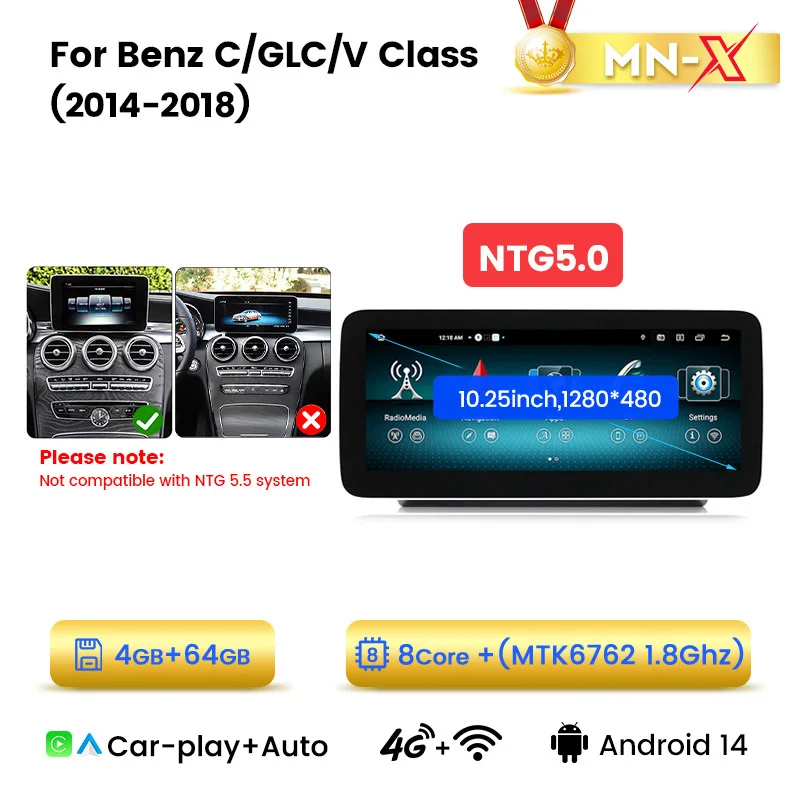 Navifly Android 14 Auto Auto Gps Navigatie Stereo Radio Voor Mercedes-Benz C-Klasse W205 Glc X253 V-Klasse W446 Draadloze Carplay 4G