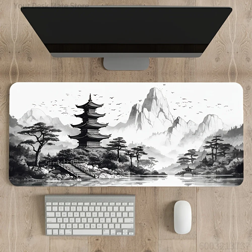 Oriental Fantasy Landscape Mouse Pad-Extended Gaming Desk Mat with Red Maple, Pink Sakura & Moonlit Pagoda Art for Laptop Office