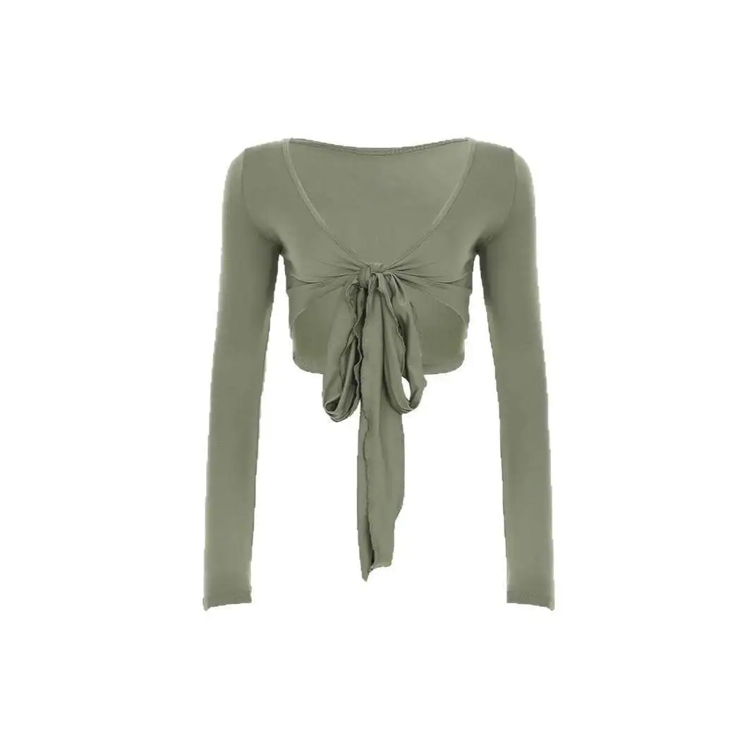 Hot New Deep V Neck Design Women's Top Belted Show Figure Belly Button Open Cardigan Sexy Personality Clean Fit Loose Style