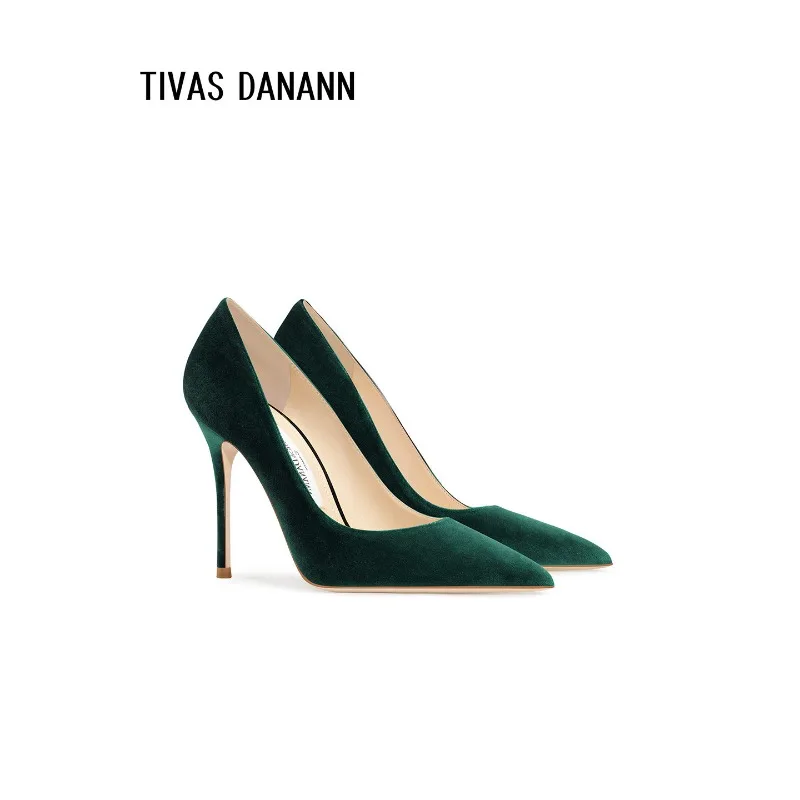

Dark green velvet high-heeled shoes with thin heel, 12cm,pointed toe,womens single-heeled shoes,2026 new autumn and winter style