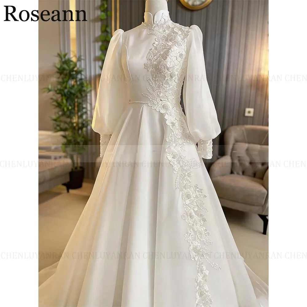 Suknia ślubna muzułmańska na zamówienie dla kobiet 2026, prosta, z wysokim dekoltem, koronkowymi aplikacjami, długimi rękawami, fason A, suknie ślubne arabskie.