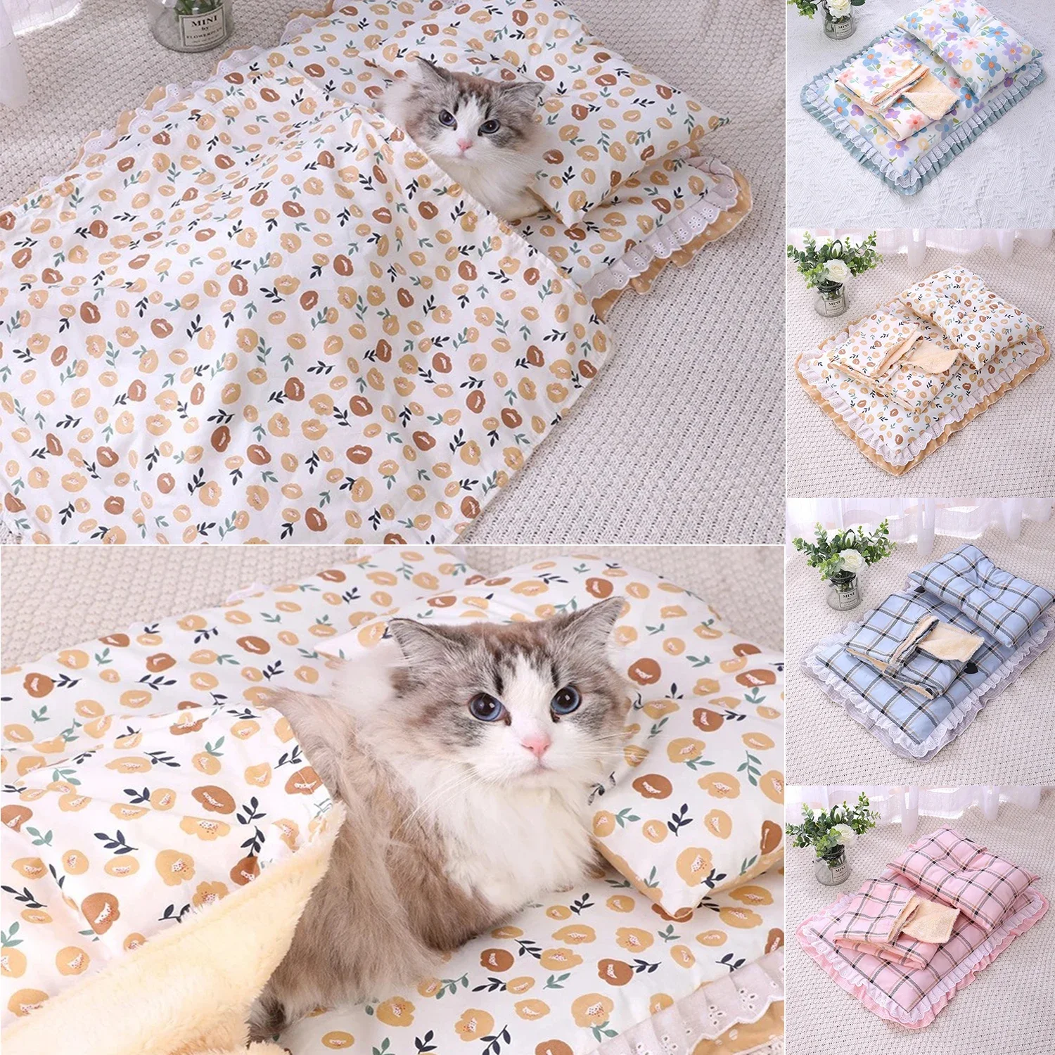 

3PCS/Set Removable Pet Mattress Universal Lace Bed Set Cat Sleeping Bag Washable Cat Quilt Winter Warm Pet Litter Kennel 라탄