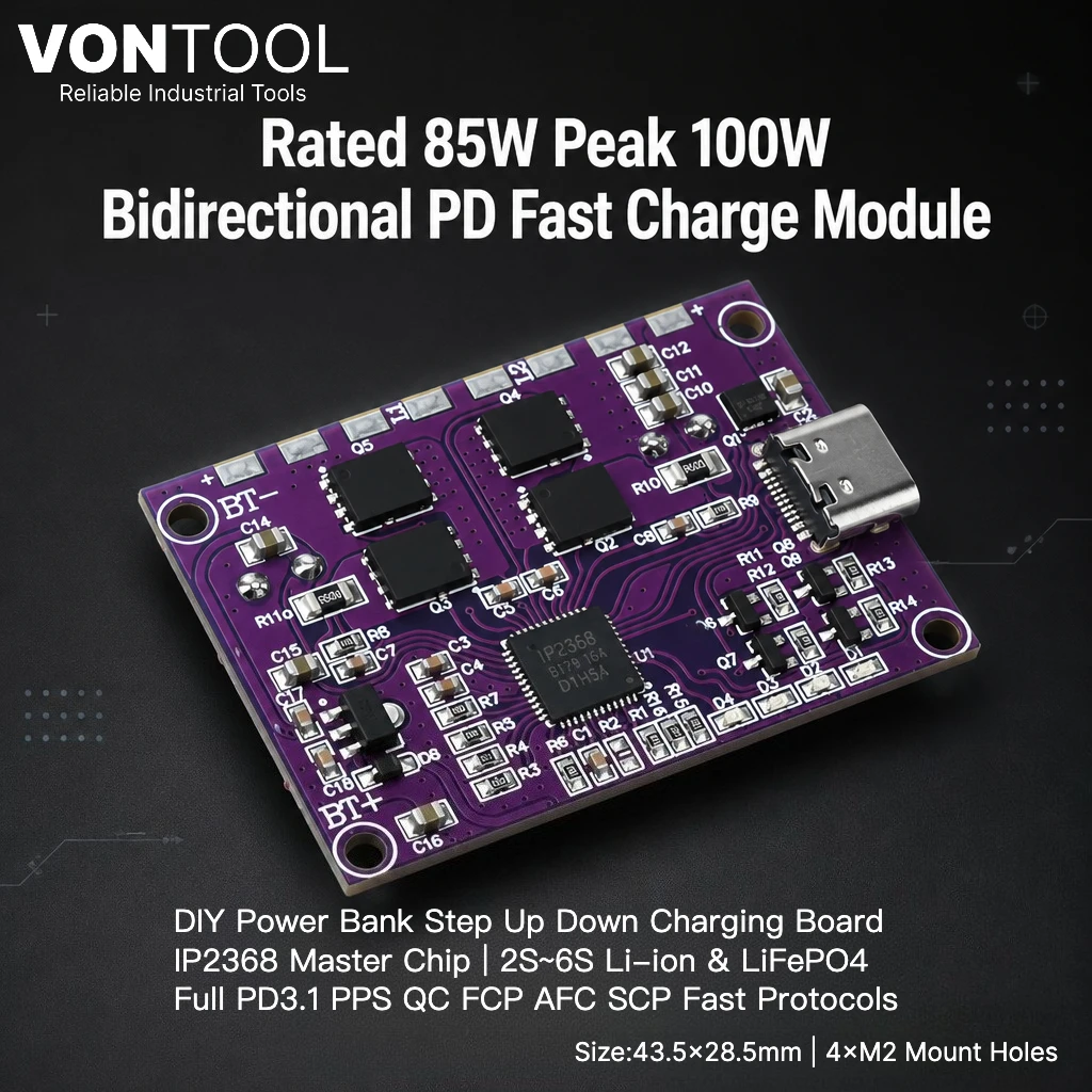 

Rated 85W Bidirectional PD FastCharge Module Peak 100W IP2368 Step UpDownBoard 2S-6S Li-ion LiFePO4 DIY Power Bank Charger Board