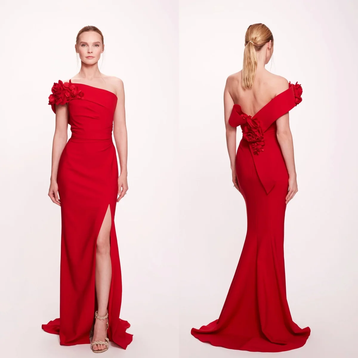 

Charming Red Evening Dresses One Shoulder Floral Appliques Women Prom Gowns Floor Length Customized Mother of Bride Gowns