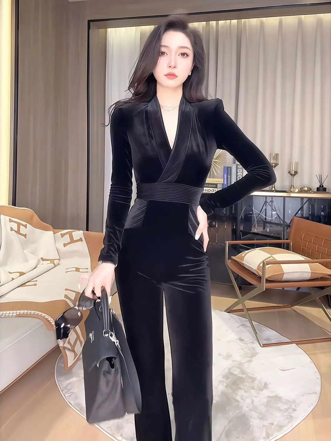 Bla velours combinaison ensemble Faionable jeune Sle automne hiver nouveauté femmes tenue décontracté taille haute coupe ajustée V Ne