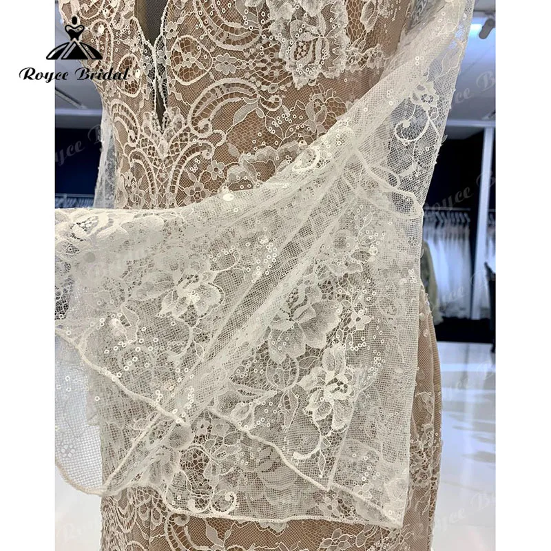 Mermaid/Trumpet Charming Wedding Dress Long Flare Sleeve Lace Illusion Split Middle 2023 Vestido Civil Bridal Beach Wedding Gown