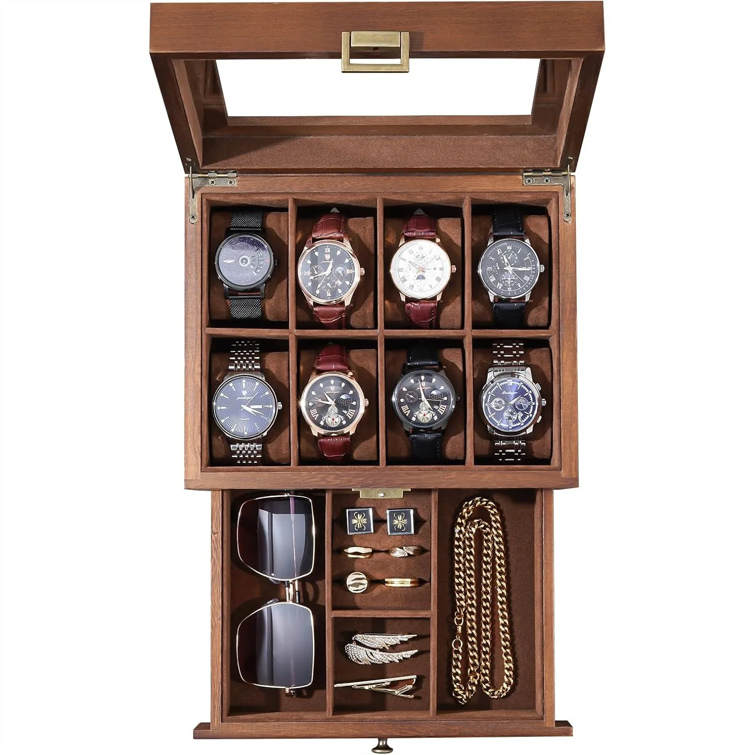 Estuche de Madera para Relojes con 8 Ranuras y Cajón, Caja de Joyería de 2 Niveles para Hombres y Mujeres, Organizador de Relojes de Madera Sólida, Exhibidor de Almacenamiento, San Valentín