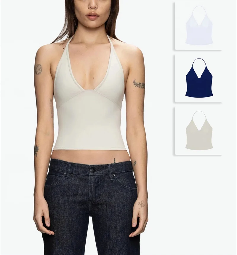 

Sexy Deep V Neck Halter Crop Top Woman Sports Gym Fitness Vest Women Slim Short Backless Tank Top Summer High Street Streetwear