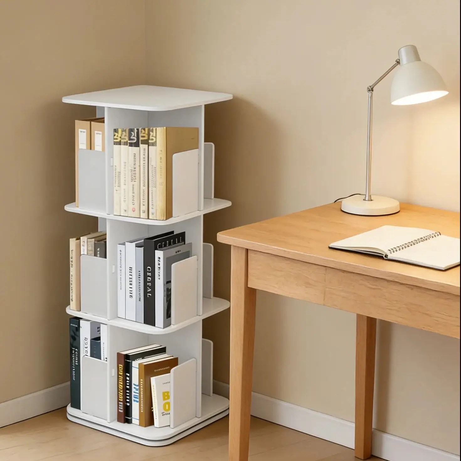 360 ° Libreria da tavolo girevole a 3 livelli, design moderno ed elegante, grande spazio di archiviazione da 20 kg per l'organizzazione dei libri