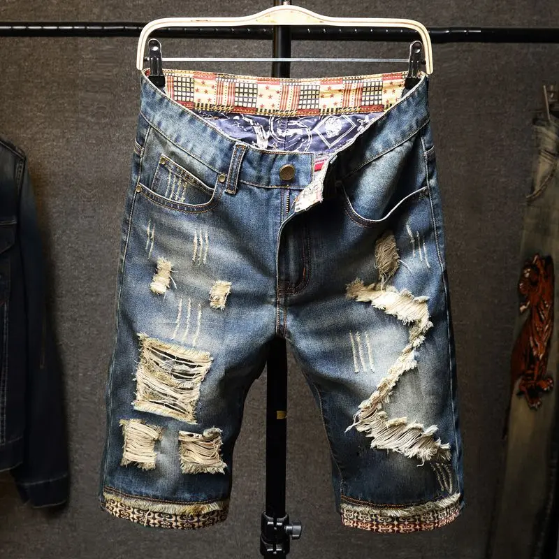 

Cross-border best-seller ripped denim shorts for men, summer five-inch pants, trendy 2026 new style denim mid-length pants
