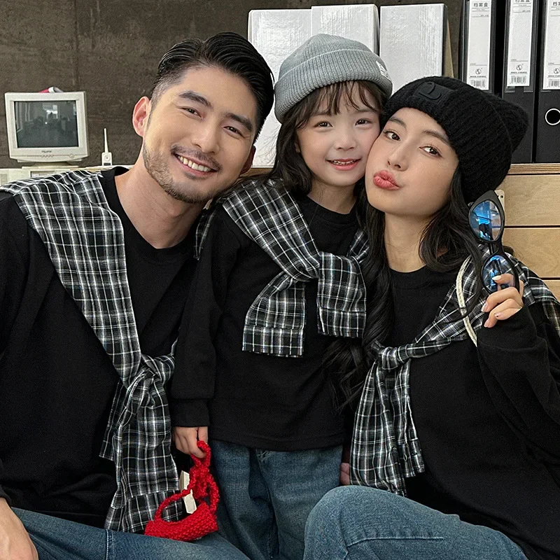 

Korean Family Matching Outfits Plaid Cape Long Sleeve Tops Mom Dad Son Daughter Couple Parent Child Sweatshirts Unisex Fashion
