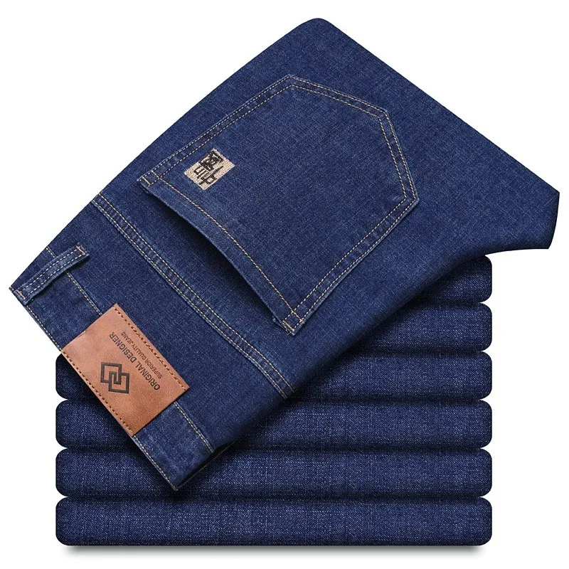 Jeans da uomo in Denim moda Casual di marca pantaloni dritti da lavoro elastici moda comodi pantaloni da gentiluomo quotidiani neri blu