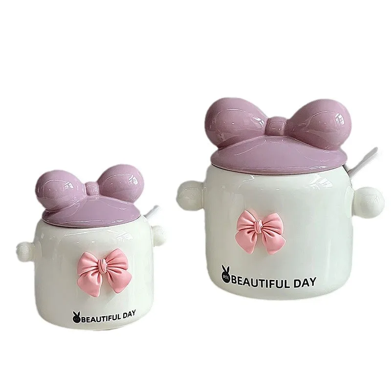 Cream Style Bow Shaped Ceramic Storage Jar, Large Capacity, Seasoning Storage Box for Home Decoration, Household Kitchen