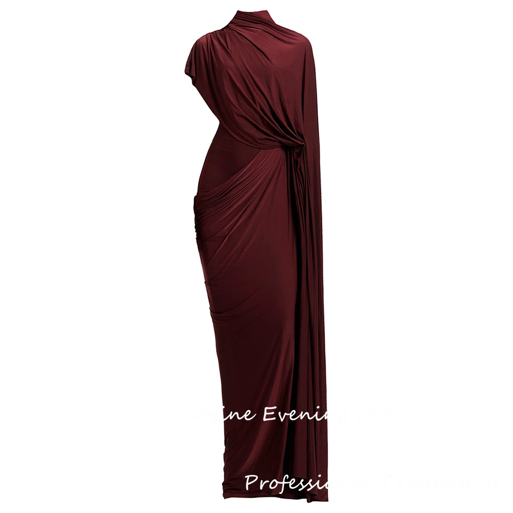 Cetim alta pescoço personalizado vestidos de baile meia manga sereia ruched borgonha cocktail vestidos de festa longo vestido formal para mulheres sexy