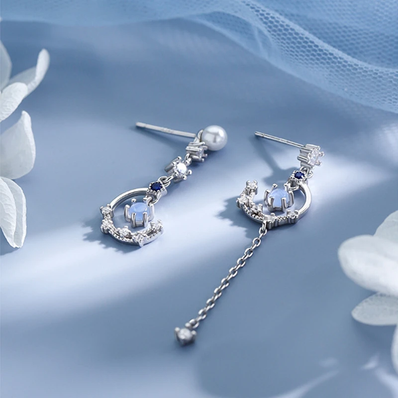 Koreanische Neue Luxuriöse Zirkon-Mond-Stern Asymmetrische Ohrstecker für Frauen Kristall-Wolken-Perlen-Ohrringe Schmuckgeschenke – Detail 4