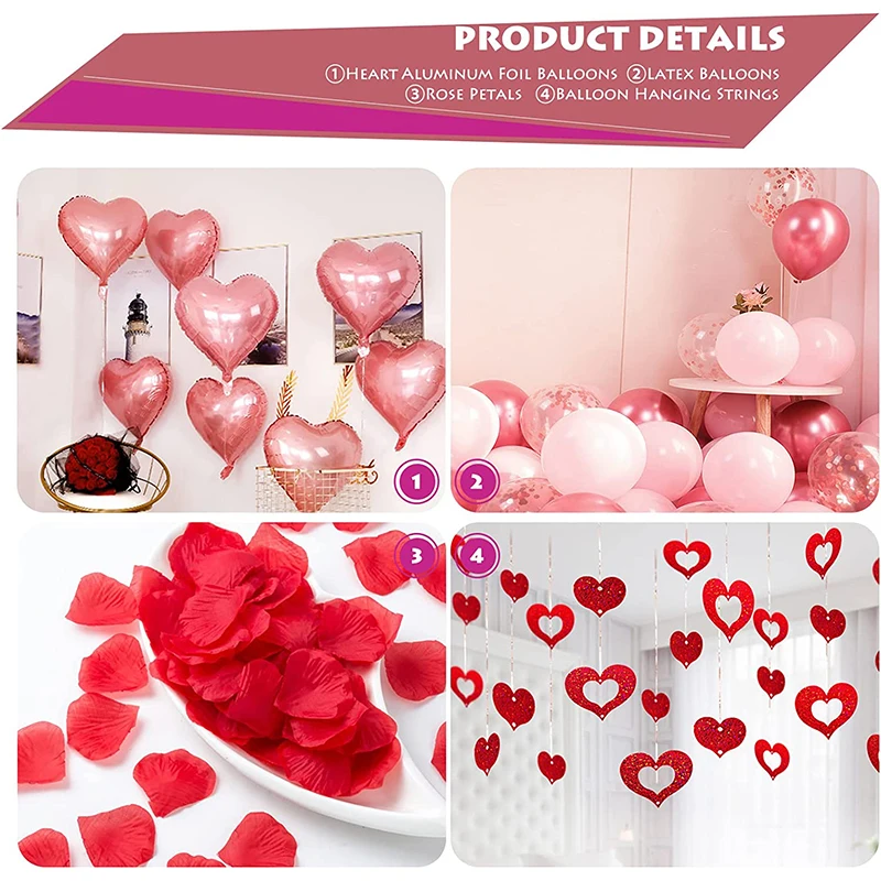 Heart Shaped Aluminum Foil Balloon Set Wedding Valentine's Day Party Gift Decoration, Rose Gold, Red, Pink, Bedroom Balloon Set