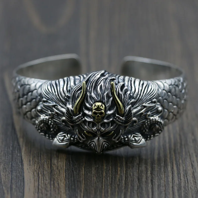 S925 Sterling Silver Devil Skull Head Golden Winged Dapeng Exaggerated Thick Bracelet Open Men's Dominant Personality Bracelet