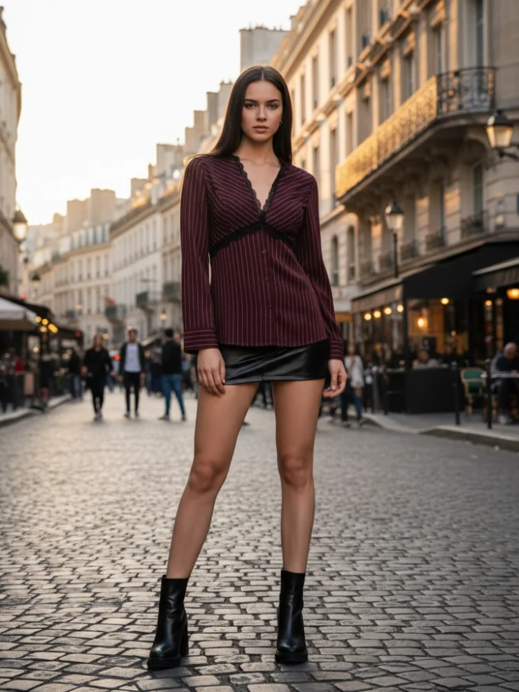 

Bonboho женская бордовая полосатая рубашка с глубоким v-образным вырезом и кружевной отделкой, облегающая футболка с длинными рукавами, 2025 стильные сексуальные рубашки, топ