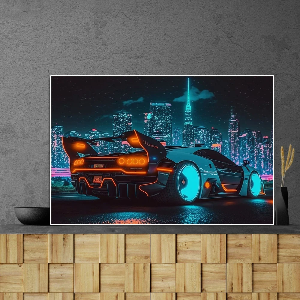 

Poster Canvas Painting Neon Sports Car Print Abstract Luxury Racing Graffiti Colorful Supercar Street Wall Art Mural Room Decor