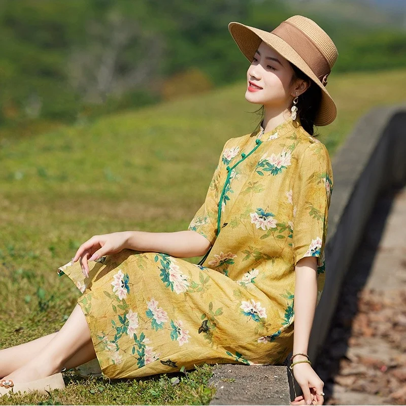 Verano 2023 adelgazante A-Line Midi Dr estampado Floral cuello Qipao mujer de talla grande tela de lino Casual ropa de oficina comodidad en el hogar