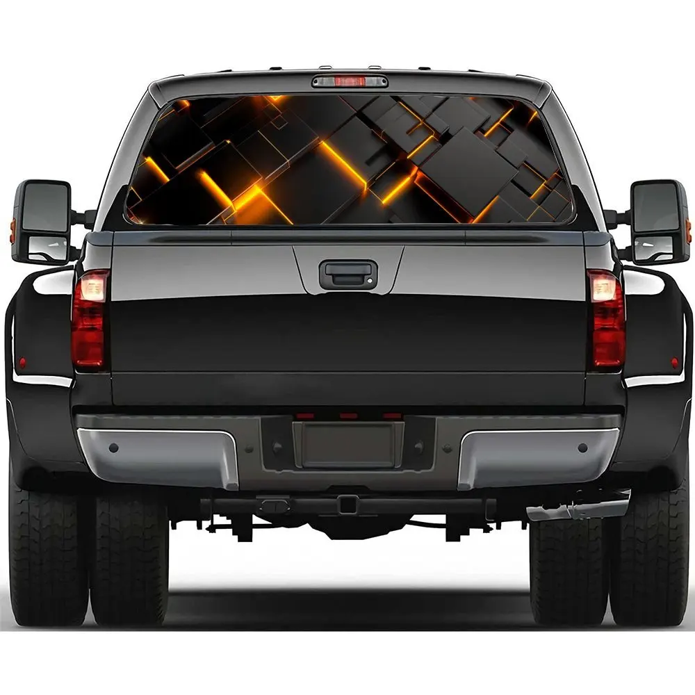 

Sleek Yellow Cubic Layout Car Accessories Rear Windshield Sticker, Truck Window See Through Perforated Window Car Vinyl Wraps De