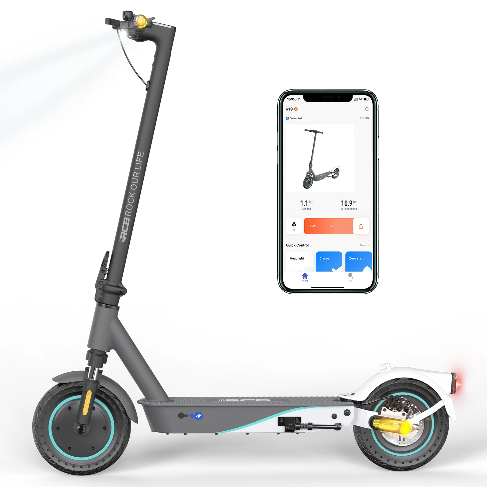 RCB R19 Patinete Eléctrico Adultos, 400W, 36V 10.4Ah, Autonomía 30-35km, 25km/h, 3 Velocidades, Neumáticos 10" Alveolares, Doble Freno