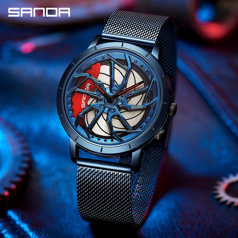 SANDA P1086 2023 Men\'s Wheel Rim Hub Watch Sport Car Men Quartz Watches Waterproof Creative Mesh Luminous Clock relogio masculio