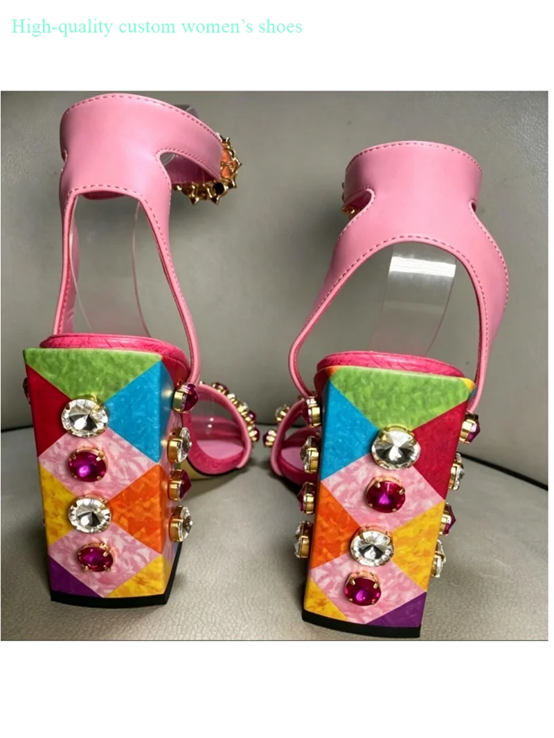 Round Head Toe Colored Gemstones Rhinestones Decorative Chunky High Heels Women's Sandals Ankle Gem Buckle Luxury High Heels