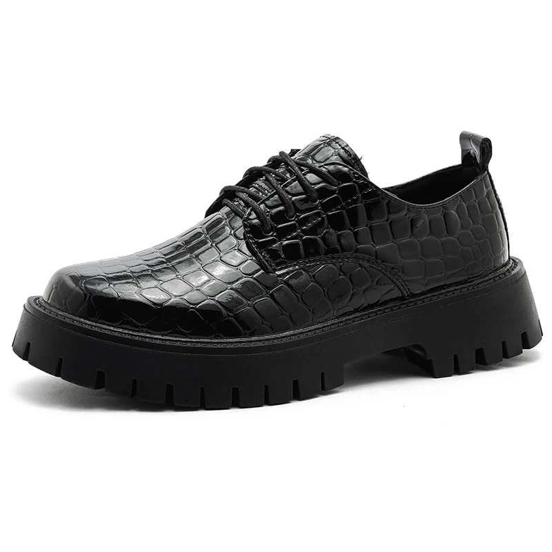 

Square Toe Crocodile Pattern Derby Shoes Thick Sole Lace-Up Casual Shoes Novelty Designer Trendy Men's Shoes New In Shoes