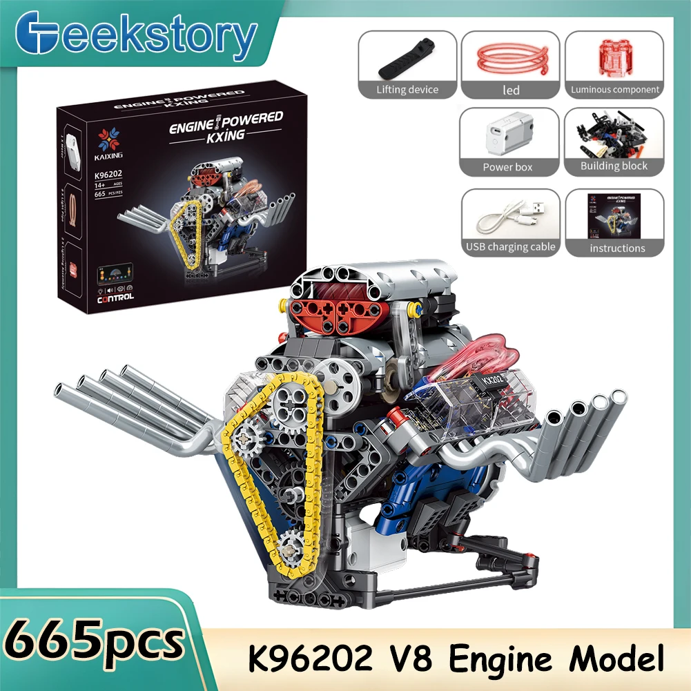 

K96202 MOC V8 Модель двигателя Набор строительных блоков Светодиодное приложение Программирование Управление моторным приводом Суперкар Двигатель STEM Игрушка Подарок ребенку (665 шт.)