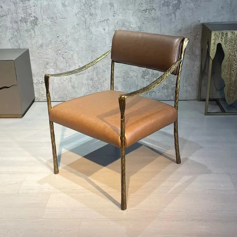 Wabisabi Style Tufted Dining Chair Luxury Leather Leisure Chair with Solid Wrought Iron Forged Frame for Bedroom